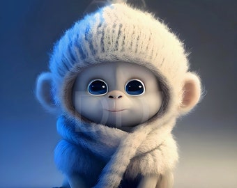 Blue Cartoon Baby Monkey Print: Kawaii Nursery Decor (Digital Download)