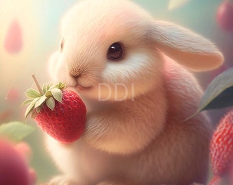 Berrylicious Bunny : Cute Kawaii Cartoon Pink Bunny Rabbit - Strawberry Delights - Nursery Decor - Children’s Bedroom - Digital Download