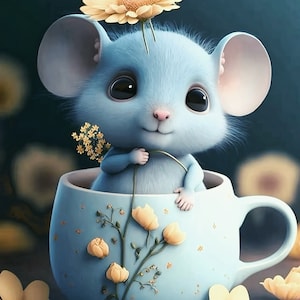 Taza de té con adorable ratón kawaii azul - Decoración infantil - Dormitorio infantil - Descarga digital - Imagen 3D de alta resolución - Arte para sala de juegos