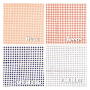 Könnte beinhalten: Vier Stoffmuster mit einem Gingham-Muster. Die Muster sind rosa, rot, dunkelblau und hellblau. Die Muster sind mit "Rosa", "Beere", "Dunkelblau" und "Hellblau" beschriftet.