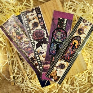 Handgemaakte bladwijzer - collagestijl - Amethyst Witchy Cat - kortstondige-cadeau-handgemaakt-mixed media-plakboek-uniek en artistiek cadeau boekenliefhebber