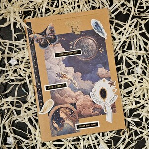 Diário de colagem artesanal Celestial - em branco - 60 páginas/30 folhas, tamanho A5 - Ephemera - presente - feito à mão - mídia mista - diário de lixo