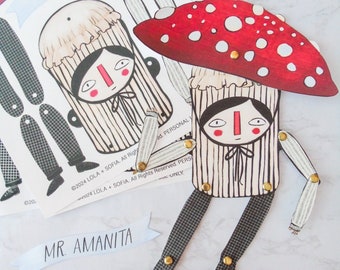 Mr. Amanita - Hand-Drawn Articulated Mushroom Paper Puppet, Printable Craft