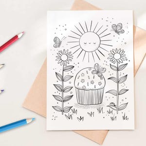 Biglietto d&#39;auguri da colorare e stampare - Cupcake e fiori