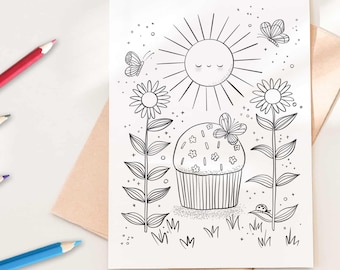 Tarjeta de felicitación para colorear imprimible - Magdalenas y flores