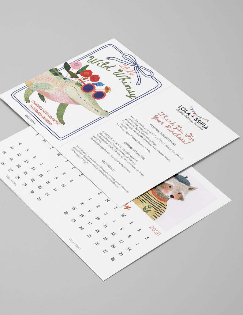 2026 Wild Whimsy Printable Calendar • Animal Wall Art • Kids Room Decor ...