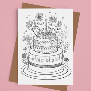 Cartão de felicitações para colorir para imprimir - Bolo de aniversário e flores