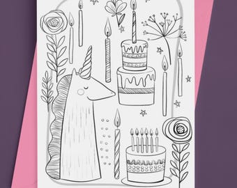 Little Birthday Unicorn Coloring Greeting Card - Printable Fun For Kids