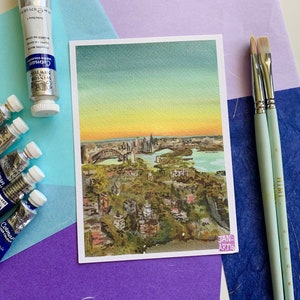 Oryginalny obraz „Sydney Skyline at Sunset” wydruk artystyczny, pocztówka, A6, A5 i A4