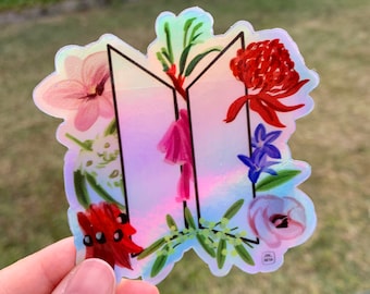 Holographic BTS Aussie floral logo sticker, water resistant vinyl laptop sticker, die cut stickers, water bottle decal