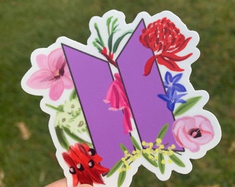 BTS Aussie floral logo sticker, water resistant vinyl laptop sticker, die cut stickers, water bottle decal