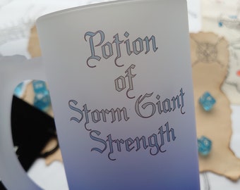 Potion of Storm Giant Strength Tankard - 16oz Frosted Glass Stein with 7 Dice - Fantasy RPG Beer Mug for Dungeons and Dragons Enthusiasts