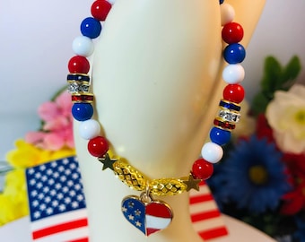 4th of July Beaded Bracelet, USA Flag Heart Pendant