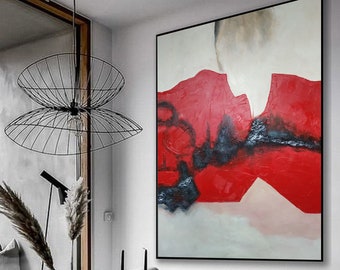 Pintura minimalista extra grande pintura roja pintura abstracta blanca pintura beige pintura minimalista arte moderno pintura mural decoración de oficina M100