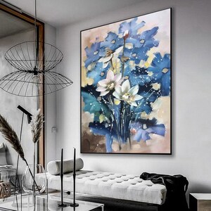 Peinture abstraite de fleur, couteau de palette Peinture abstraite, Art de grand mur, peinture bleue de fleur, peinture abstraite, résumé moderne M65