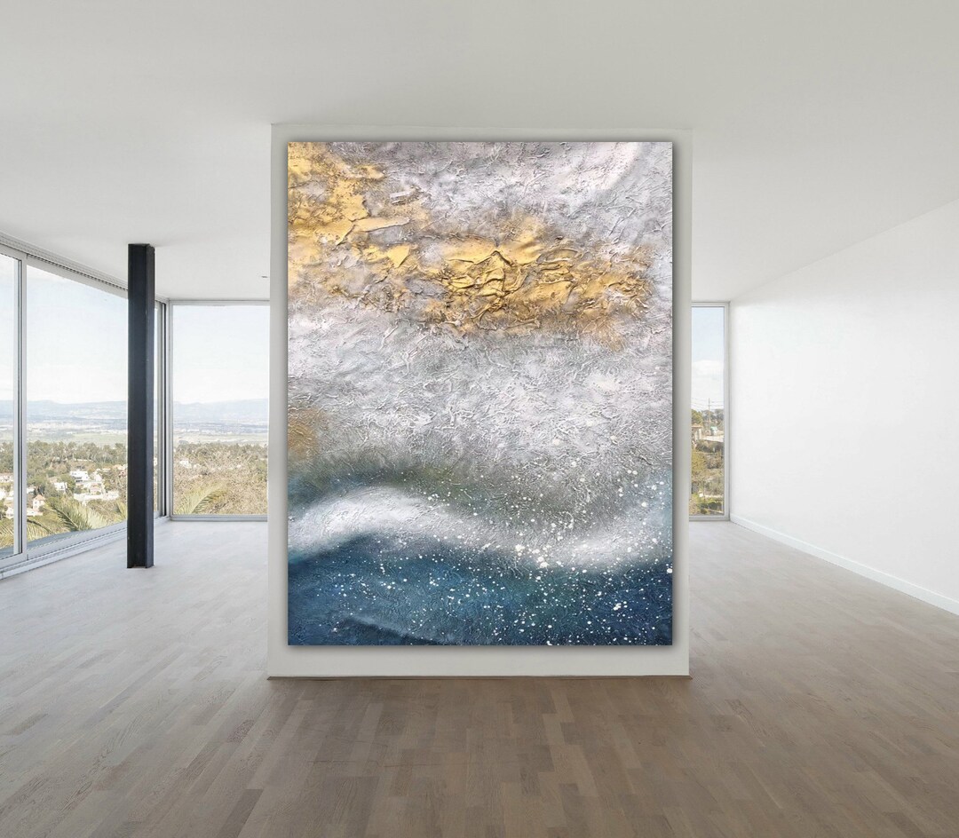 Extra Large Gold Wall Painting on Canvas Blue Abstract Art Ocean Sunset