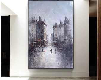 Modern stadsväggkonstdekor, storstad abstrakt målning på duk, väggstadsmålning, stor stadskonst, stadssilhuett abstrakt målning M136