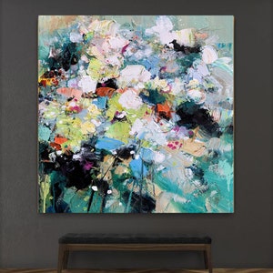 Abstract Floral Palette Knife Paintings on Canvas Extra Large Blue ...