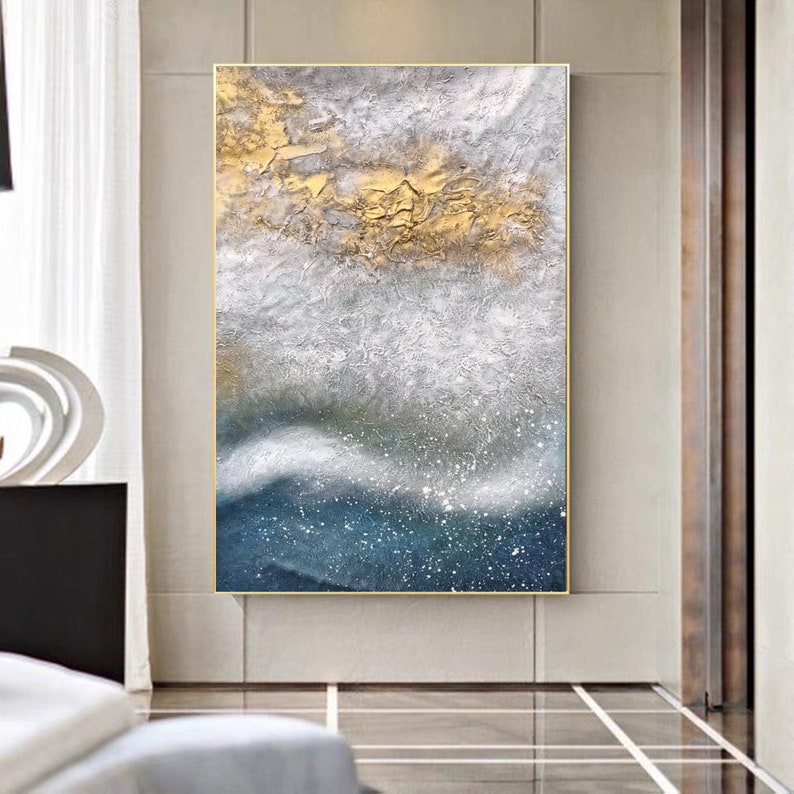 Extra Large Gold Wall Painting on Canvas Blue Abstract Art Ocean Sunset