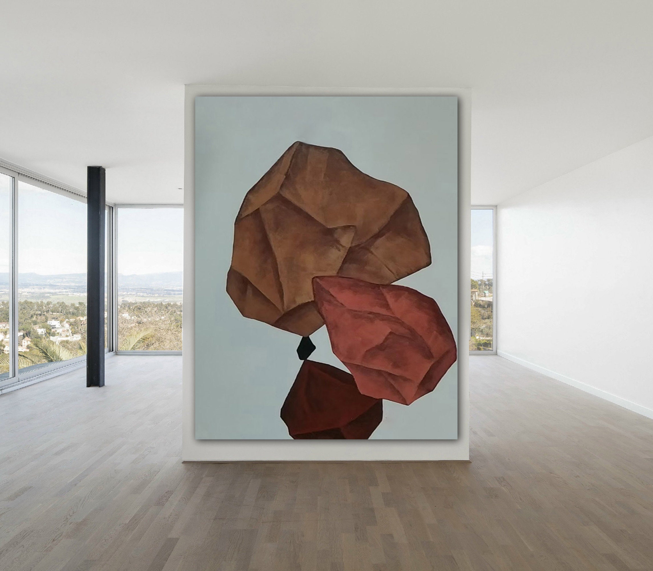 抽象画　茶色　絵画　アート作品 茶色の石の絵 キャンバスに描かれた大きな抽象画 茶色の絵