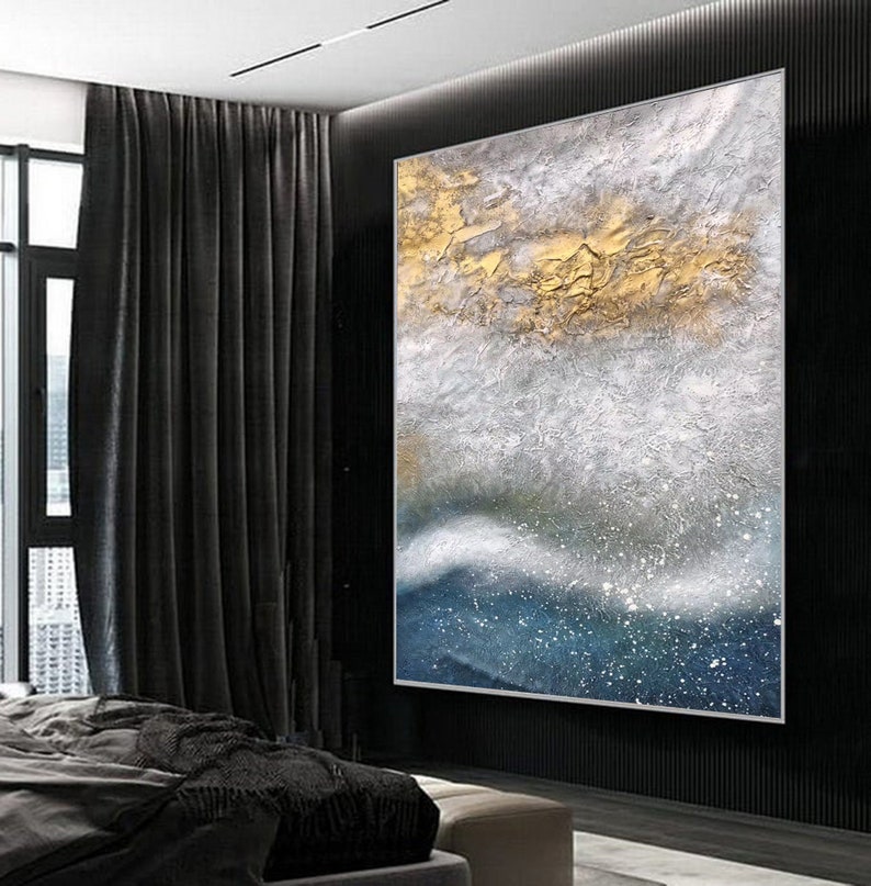 Extra Large Gold Wall Painting on Canvas Blue Abstract Art Ocean Sunset