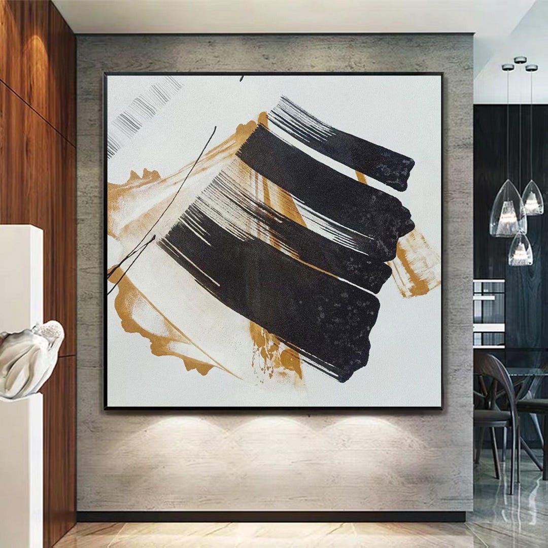 Modern Abstract Oil Painting | Large Black White Gold Textured Canvas ...
