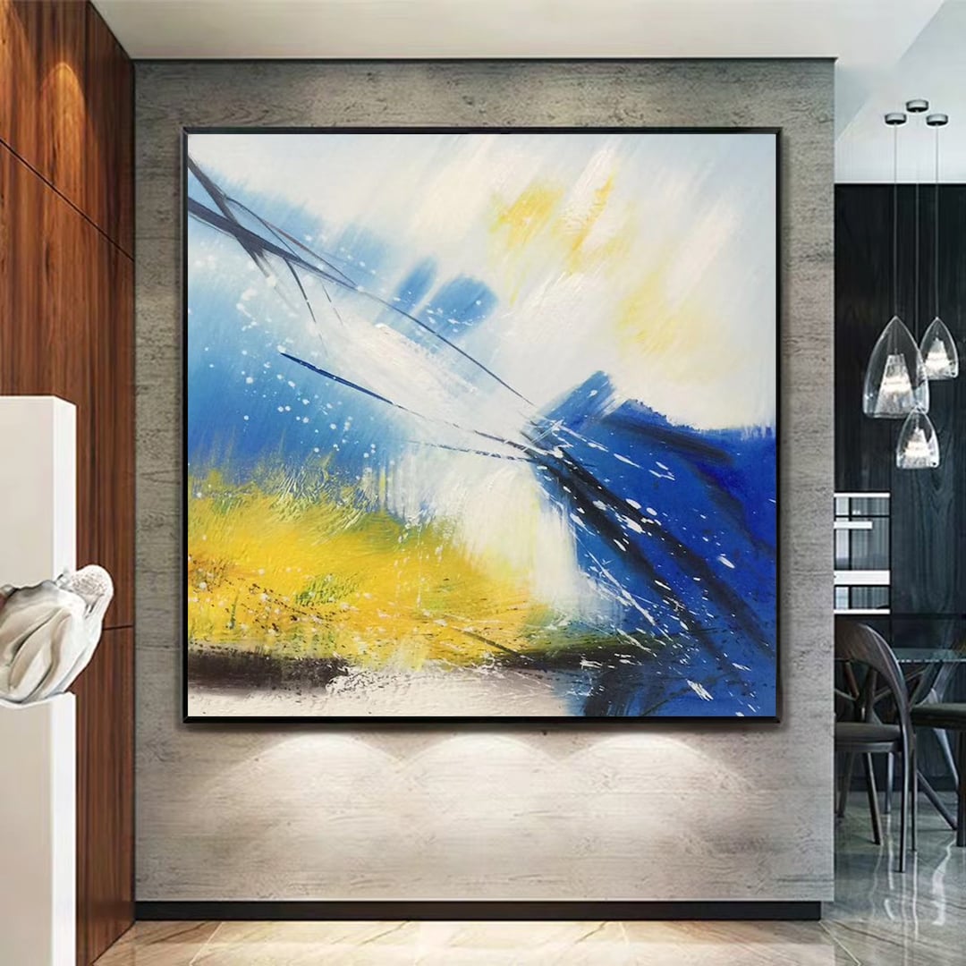 Large Abstract Painting – Yellow and Blue Oil on Canvas, Modern Wall ...