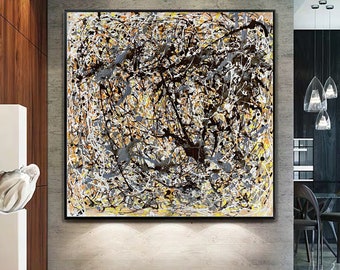 May include: Abstract painting with a black, white, and yellow color scheme. The painting features a chaotic, splattered design with thick lines and drips of paint.