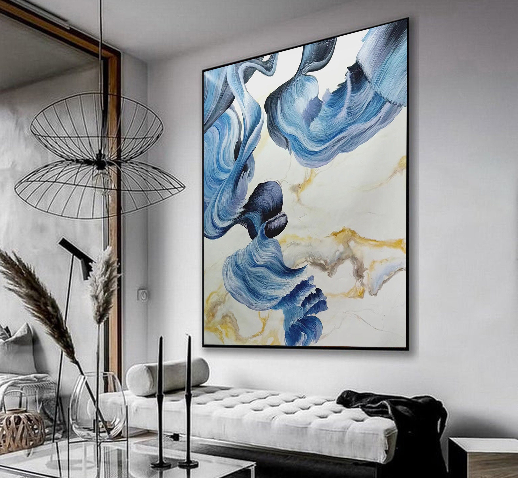 Contemporary Wall Art Blue and White Extra Large Painting Original