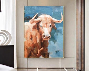 Orange Painting Bull on Canvas, Bull Wall Art Original, Bull  Stock market Painting, Wild Bull Artwork, Boss Gift, Large Oil Painting M38