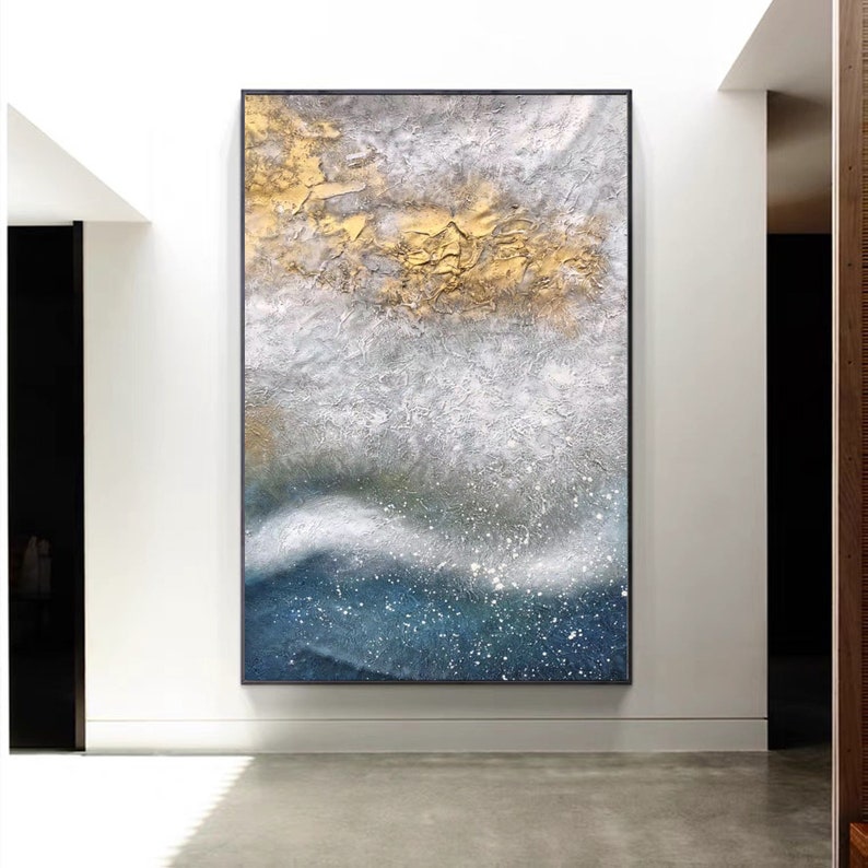 Extra Large Gold Wall Painting on Canvas Blue Abstract Art Ocean Sunset