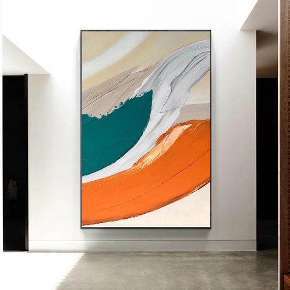 Abstrakte Leinwand-Wandkunst In Blaugrün, Handbemalt Mit Struktur, 91x61 Cm, Für Wohnzimmer & Büro