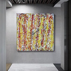Large Oil Painting, Modern wall art red, Jackson Pollock style Painting large wall Pollock action painting decor Yellow painting art M163