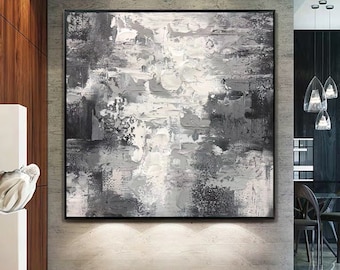 Modern Minimalist Abstract Painting – White and Black Textured Canvas Wall Art for Living Room, Office or Entryway | M142