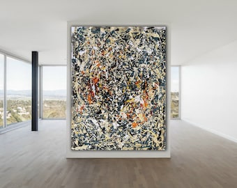 May include: Abstract painting with a chaotic, splattered design in shades of blue, yellow, white, and orange.
