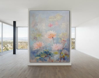 Bloem abstract schilderij, groot abstract schilderij, kunst aan de grote muur, roze witte bloem schilderij, abstract schilderij, moderne abstracte M95