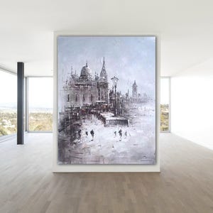 Väggmålning av stadssilhuett – Stor stadssilhuettkonst, samtida abstrakt duk, överdimensionerat inramat konstverk M135 bild 1