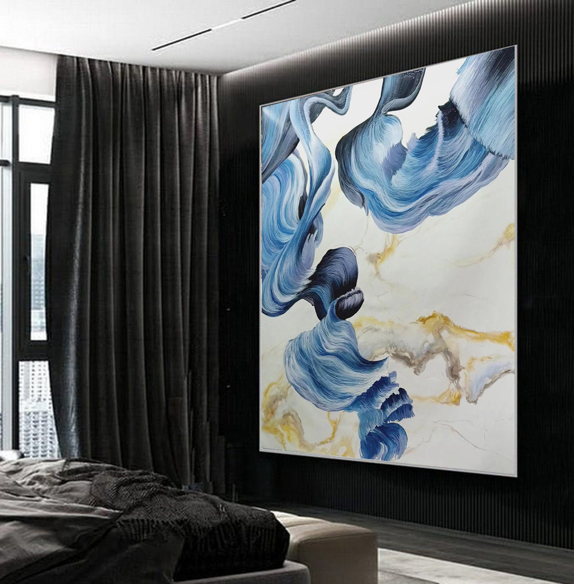 Contemporary Wall Art Blue and White Extra Large Painting | Etsy