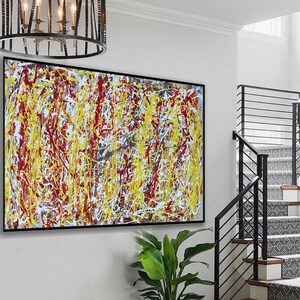 Abstracte muur kunst, expressionistische schilderij grote abstracte kunst aan de muur, geel schilderij, Jackson Pollock stijl schilderij, extra groot schilderij M168