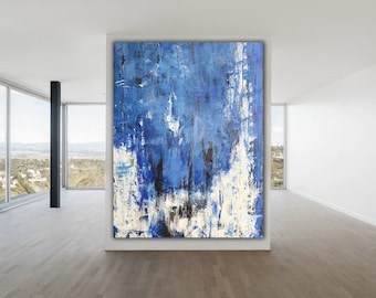 Puede incluir: Pintura abstracta con pinceladas azules, blancas y negras. La pintura es grande y tiene una superficie texturizada.