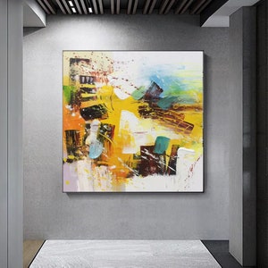 large original abstract painting on canvas, large yellow painting, yellow and pink painting, acrylic painting, hand painted canvas M145