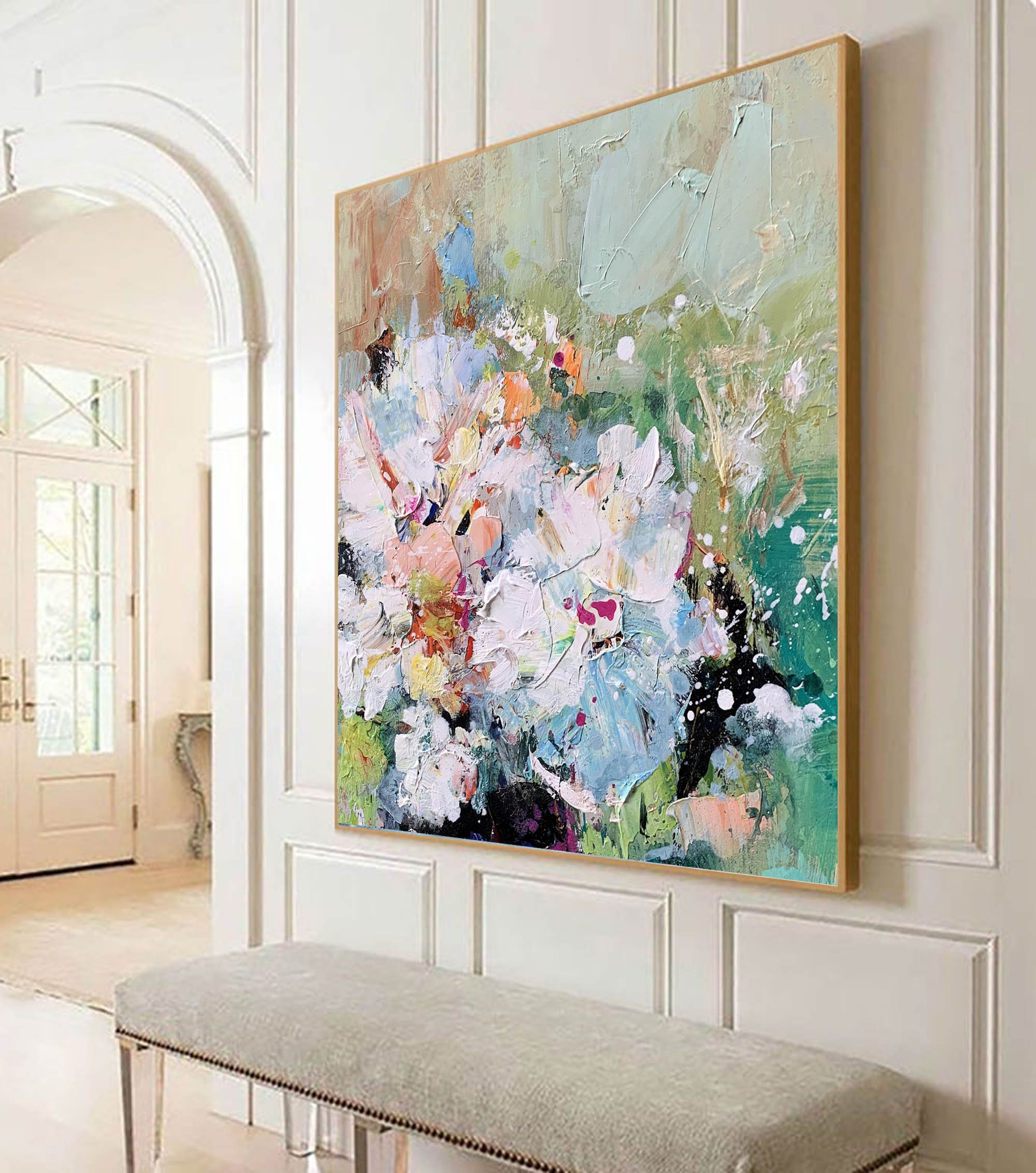 Abstract Floral Palette Knife Paintings on Canvas Extra Large Blue ...