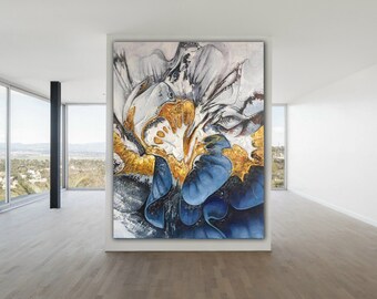 Gelb Weiß Blau Abstraktes Gemälde auf Leinwand, abstrakte Wandkunst, Minimalistische Malerei für moderne Dekor Minimalistisches Gemälde M63