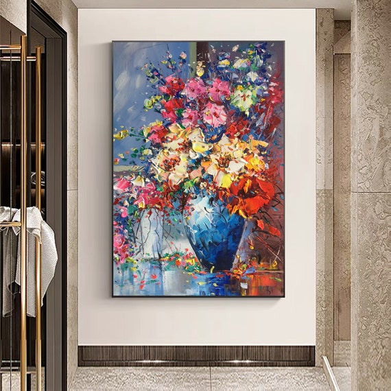 抽象画 色彩豊か パレット・ナイフ手法 パレットナイフ抽象画、大きな壁アート、赤い花の絵、花の抽象画、抽象