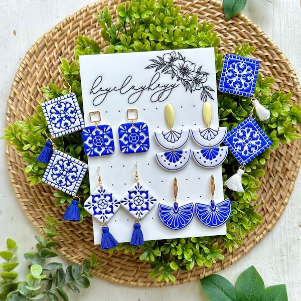 The Summer in Santorini collection | Summer Earrings | Lightweight Clay Earrings | Blue Tile Earrings | Handmade Jewelry | Hand Painted