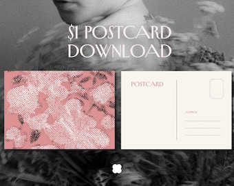 May include: A digital postcard design featuring a pink and black halftone floral pattern on the front and a standard cream-coloured postcard layout on the back with the word POSTCARD and the word ADDRESS printed in pink text.