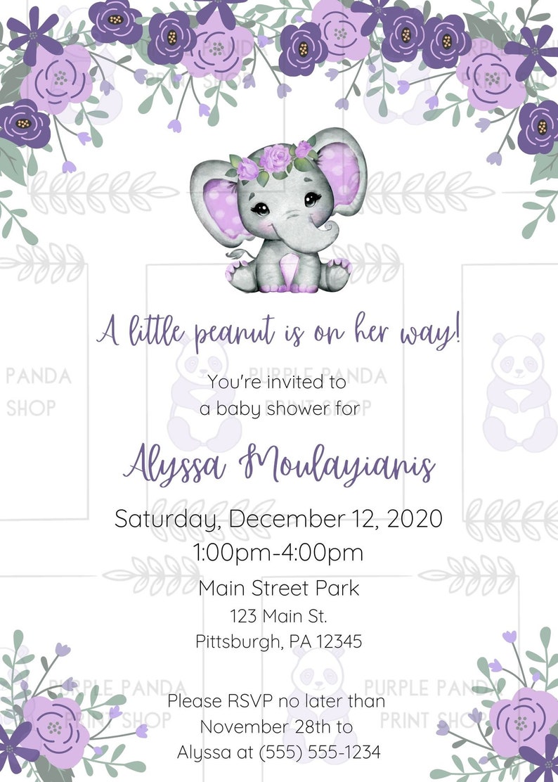 Printable Elephant Baby Shower Invitation Purple Invitation Elephant