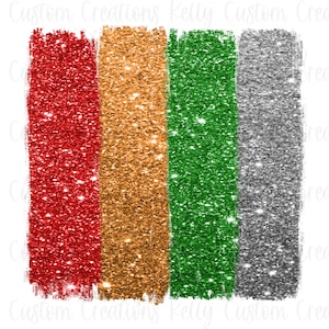 May include: A digital image of four vertical stripes of glitter in red, orange, green, and silver. The stripes are painted with a rough, brushstroke effect.