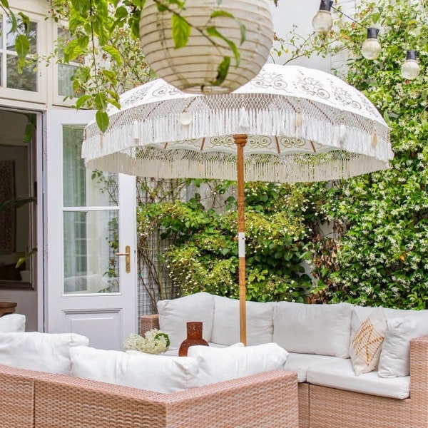 White Balinese Parasol - Gold-Hand Painted Motifs, Elegant Tassels, and Seashell Accents