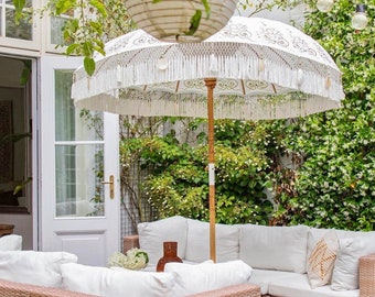black and white patio umbrella with stand Market 8.5' Round Black & Natural White Stripe Outdoor Umbrella with Black  Base